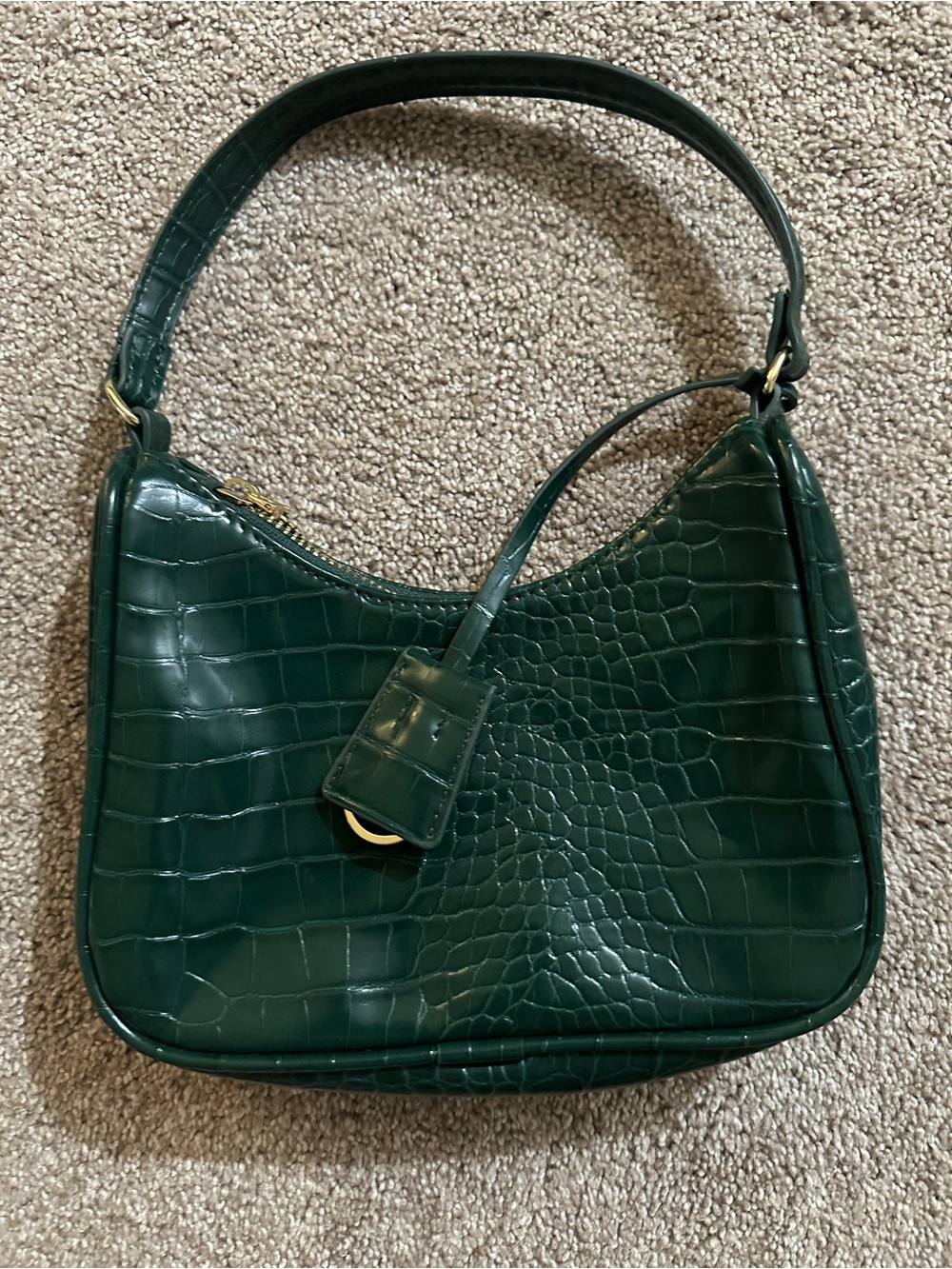 Dark Green Croc-Embossed Shoulder Bag